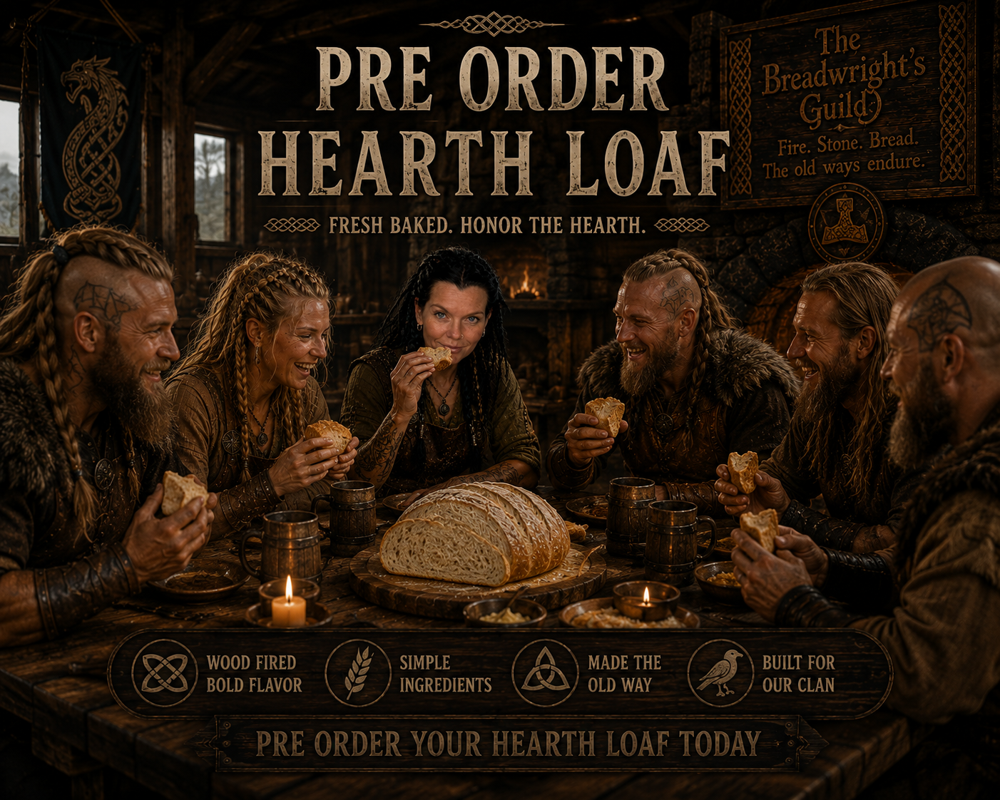 Vikings sharing bread at a feast hall table — Pre Order Hearth Loaf at The Breadwright's Guild